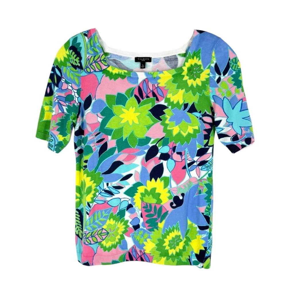 Talbots Knit Blouse Womens Size Small P Pink Blue Green Colorful Graphic Floral